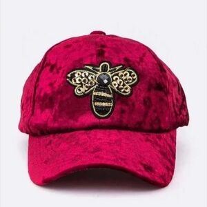 J. Elise Boutique Burgundy Golden Bee Patch Distressed Velour Velvet Fitted Cap